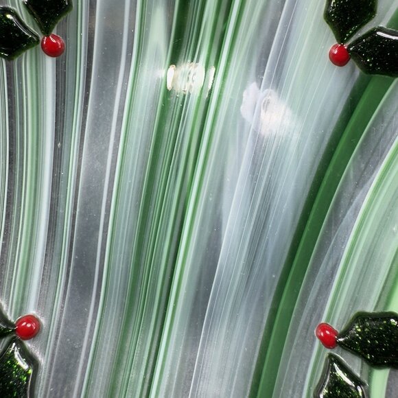 Vintage Fused Art Glass Square Dish Plate White Green Swirl Festive Holiday VTG - Picture 3 of 12